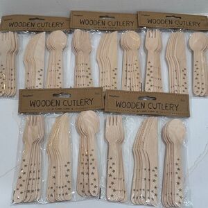 6 sets in each pack (5 packs) Wooden Cutlery Set - Natural Brown golden stars